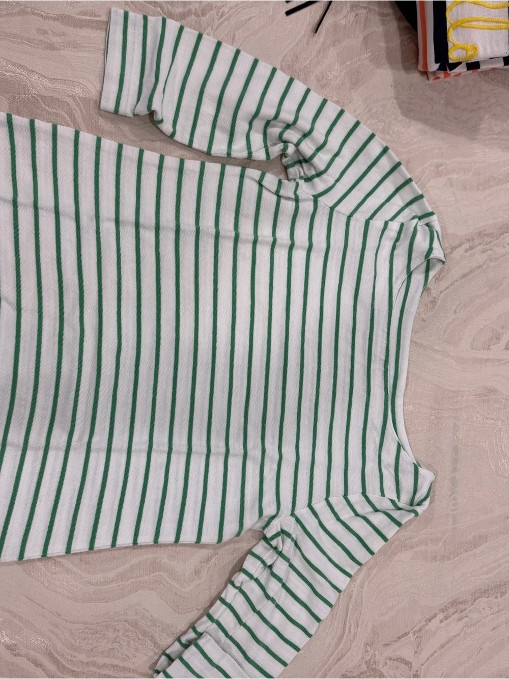 LOFT White Top with Green Stripes - 3/4 Long Sleeve